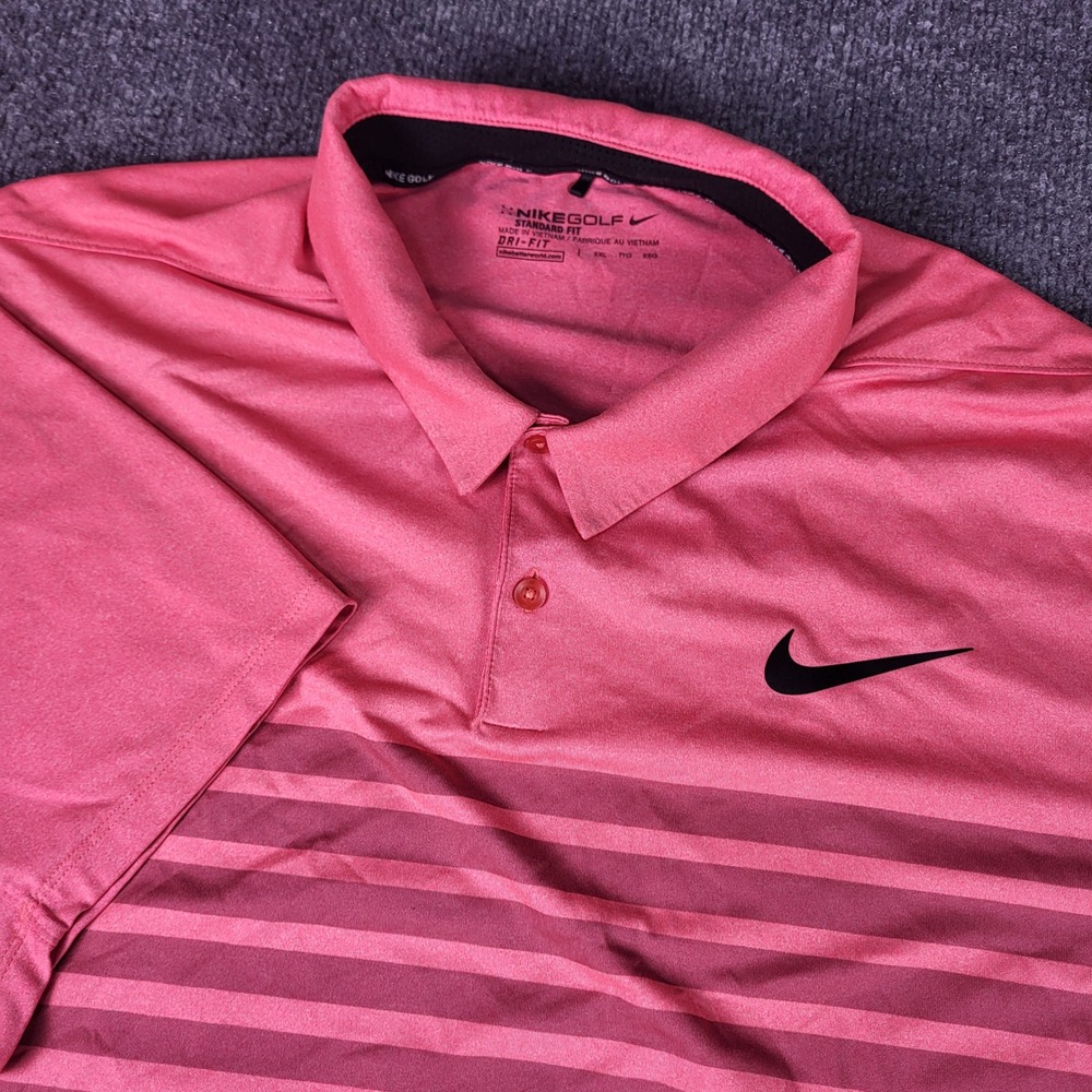 Nike Golf Mens XXL Pink Striped Dri-Fit Standard Fit Short Sleeve Polo Shirt